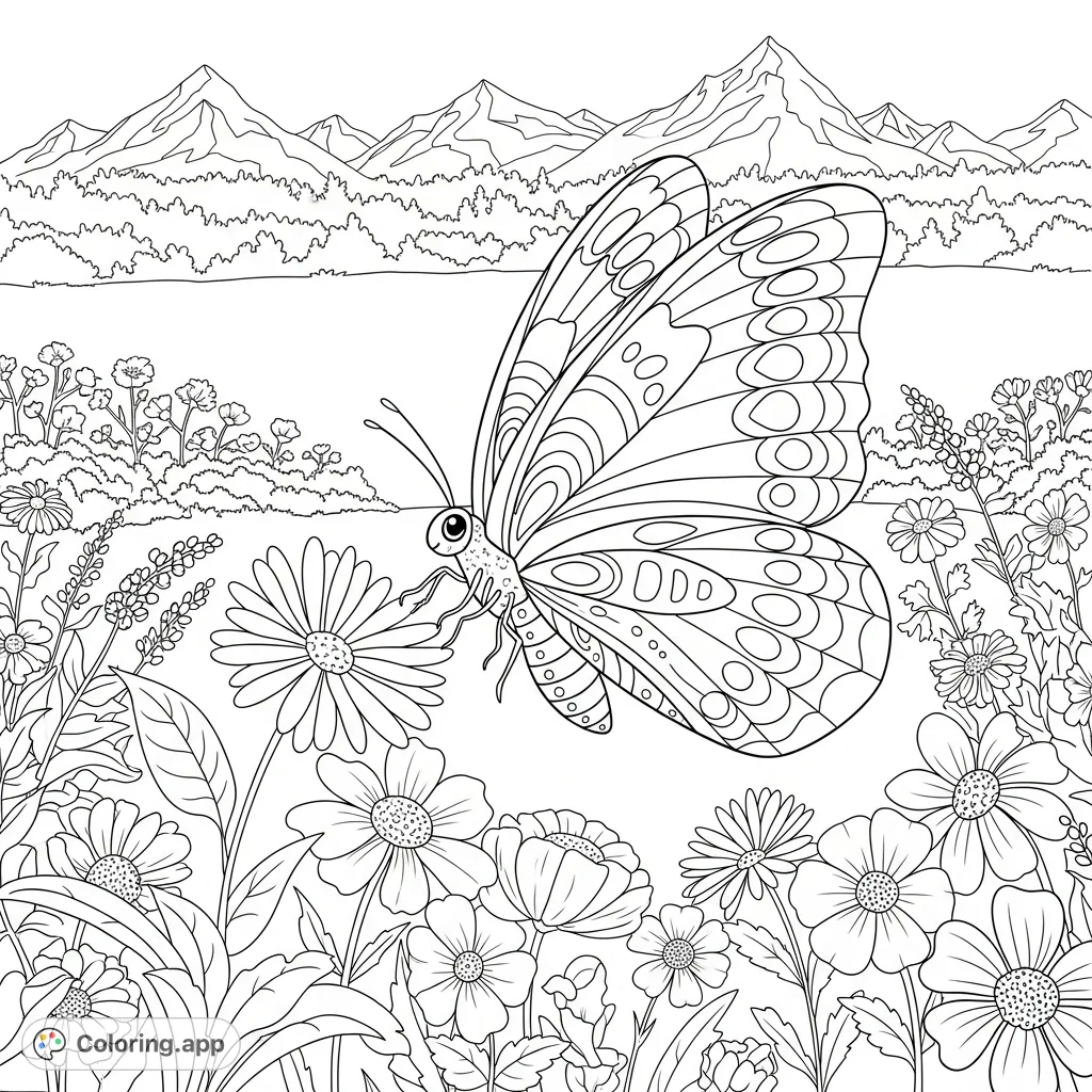 A beautiful butterfly gracefully hovers over a field of diverse wildflowers, with distant trees and majestic mountains creating a serene nature scene.