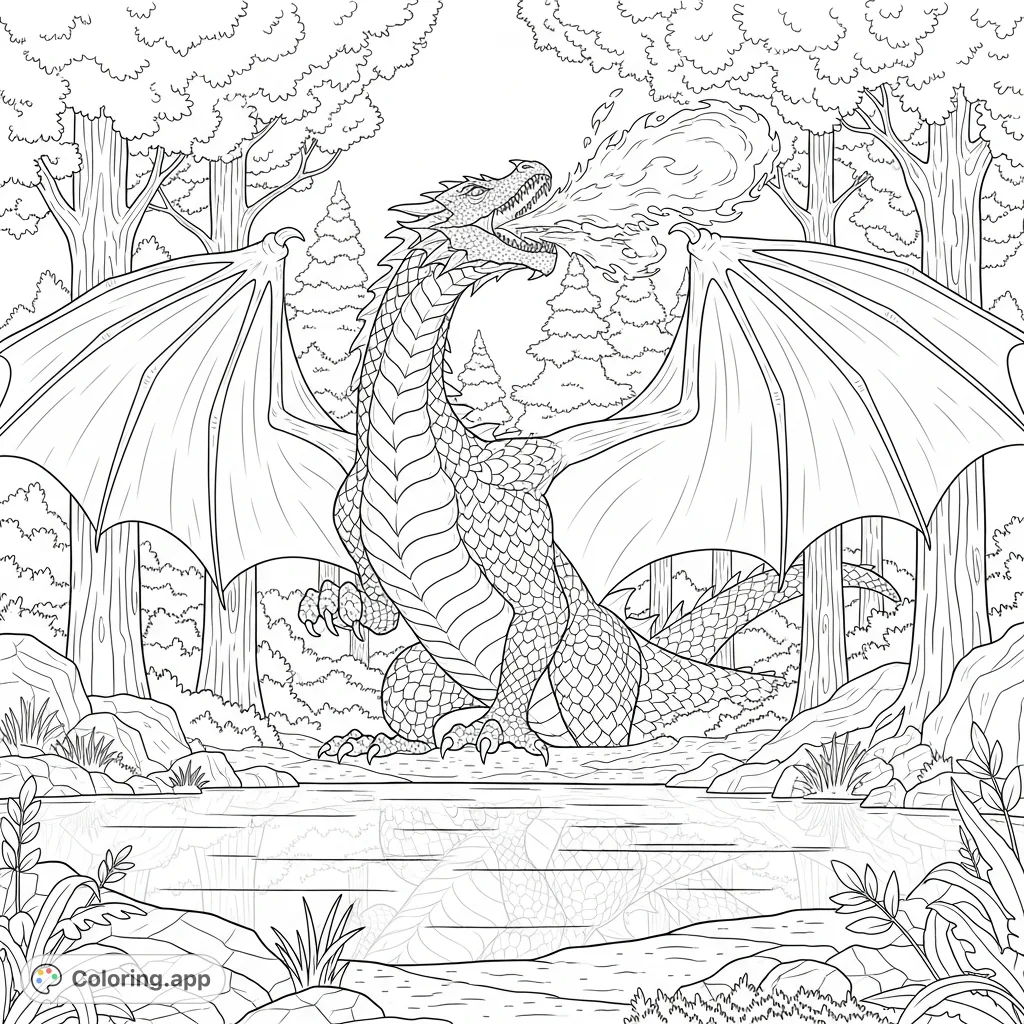 A powerful dragon breathing fire over a tranquil forest lake amidst a dense forest. Intricate details invite a vibrant coloring experience. Perfect for fantasy enthusiasts.