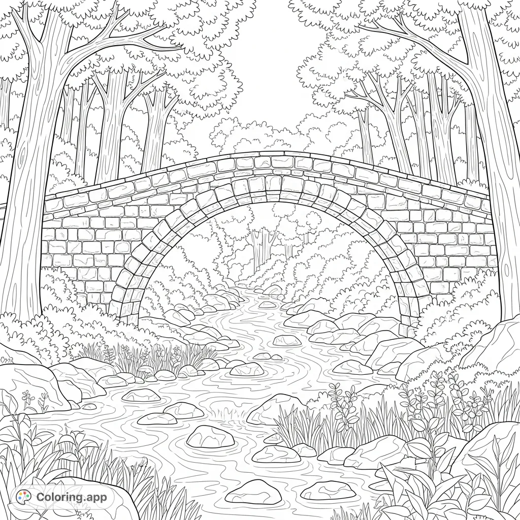 Explore a peaceful forest river coloring page scene featuring a classic stone bridge arching over a flowing river, surrounded by lush trees and natural beauty. A serene nature coloring page.