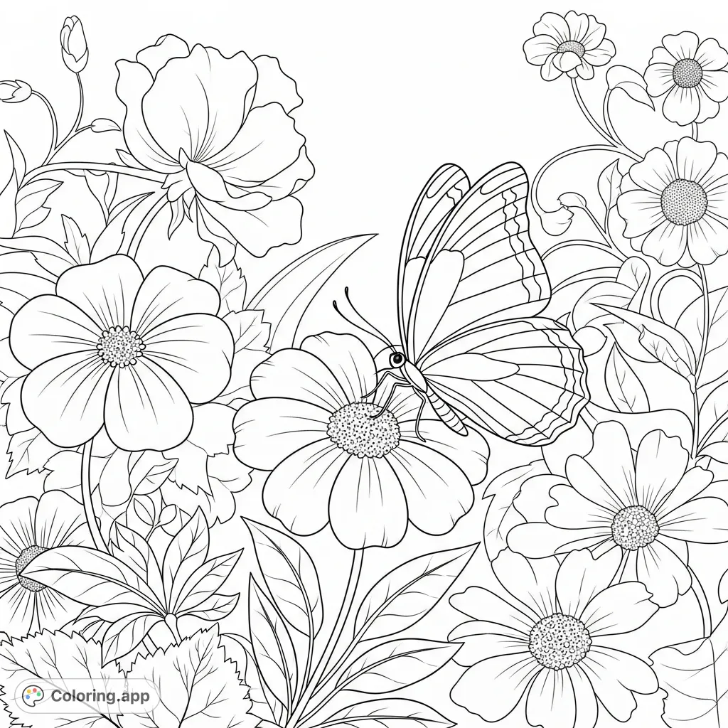 Explore a charming garden coloring page featuring a graceful butterfly among a vibrant array of blooming flowers. A delightful free printable coloring page for all ages.