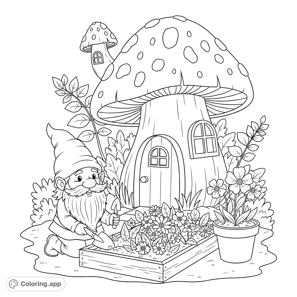A charming fantasy gnome tends to a vibrant flower garden outside an adorable mushroom house, complete with a flower pot. Perfect for nature and fantasy lovers.