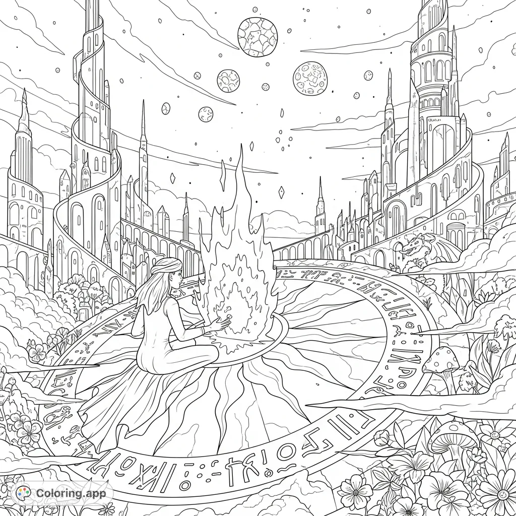 Explore a fantastical scene: an enigmatic woman on a broken sundial in a city of impossible architecture, gazing at a radiant portal and fragmented planets.