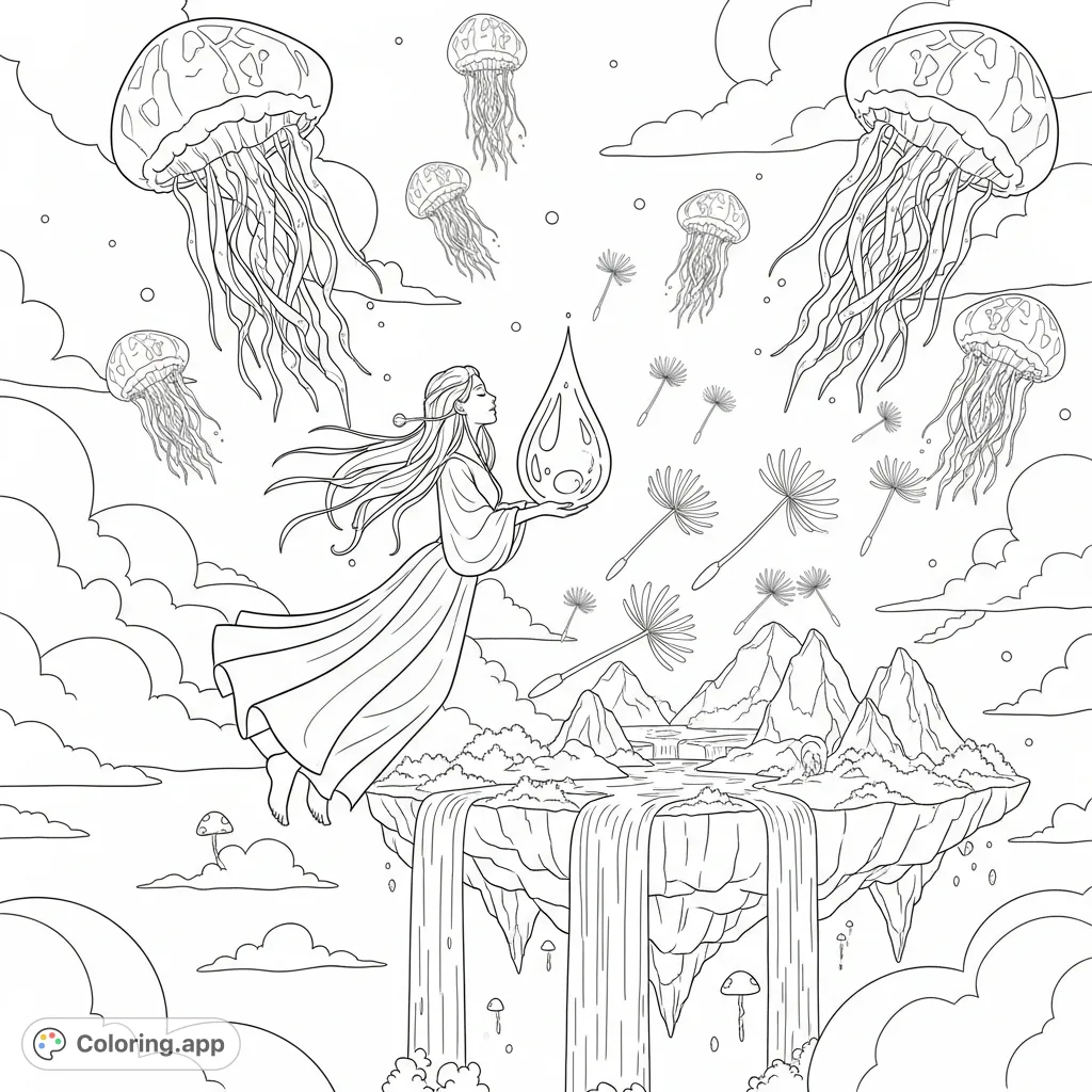 A serene woman floats amidst colossal crystalline jellyfish and floating islands with inverted waterfalls. She holds a dewdrop reflecting the surreal landscape.