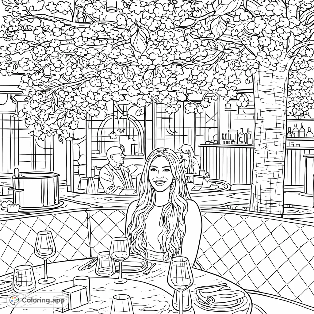 Color a captivating restaurant scene featuring a person seated at a beautifully set table under a stunning canopy of blossoms and leaves. Intricate details await!