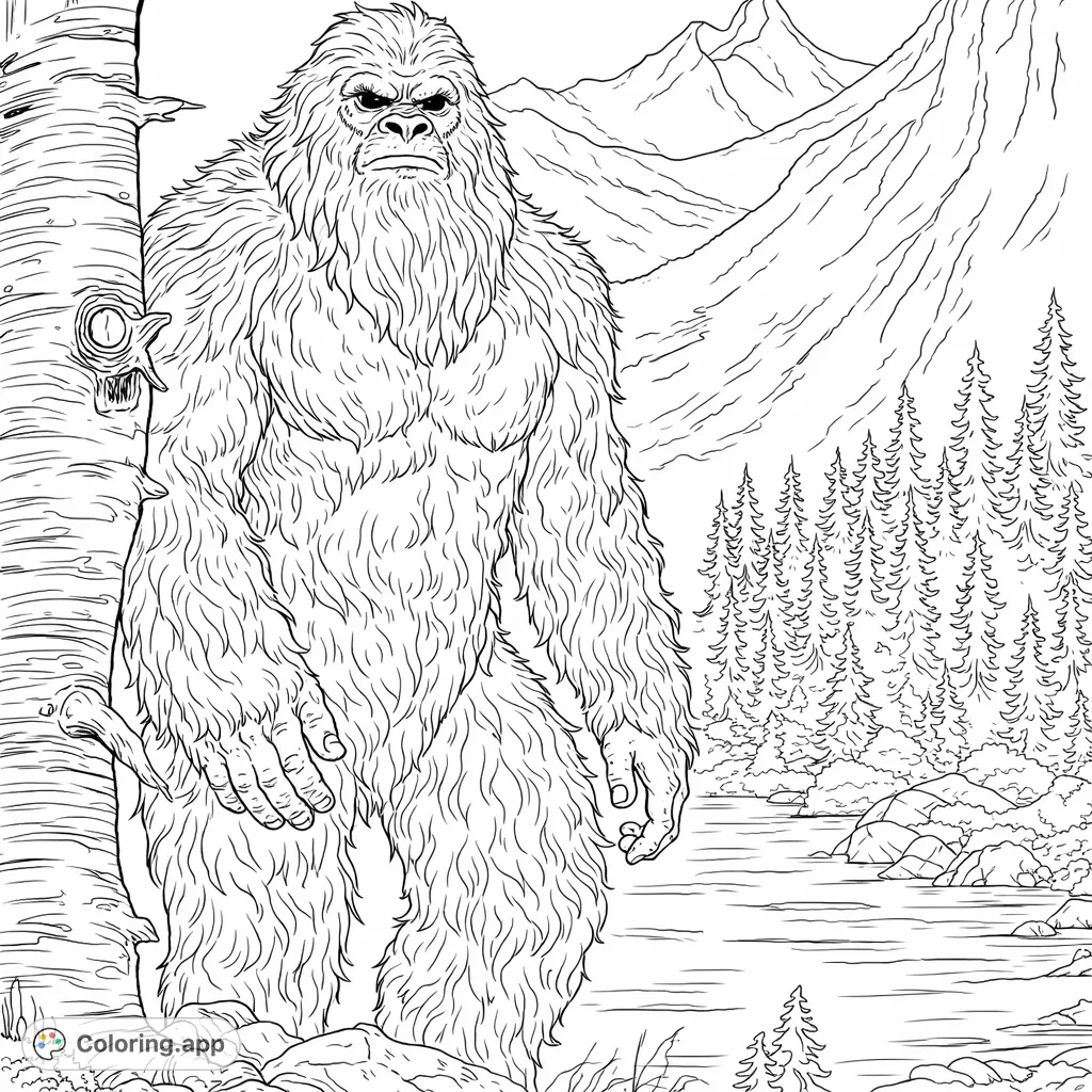 Discover a powerful Bigfoot amidst a serene mountain forest and tranquil lake. This detailed coloring page offers an adventurous escape into nature's mysteries.
