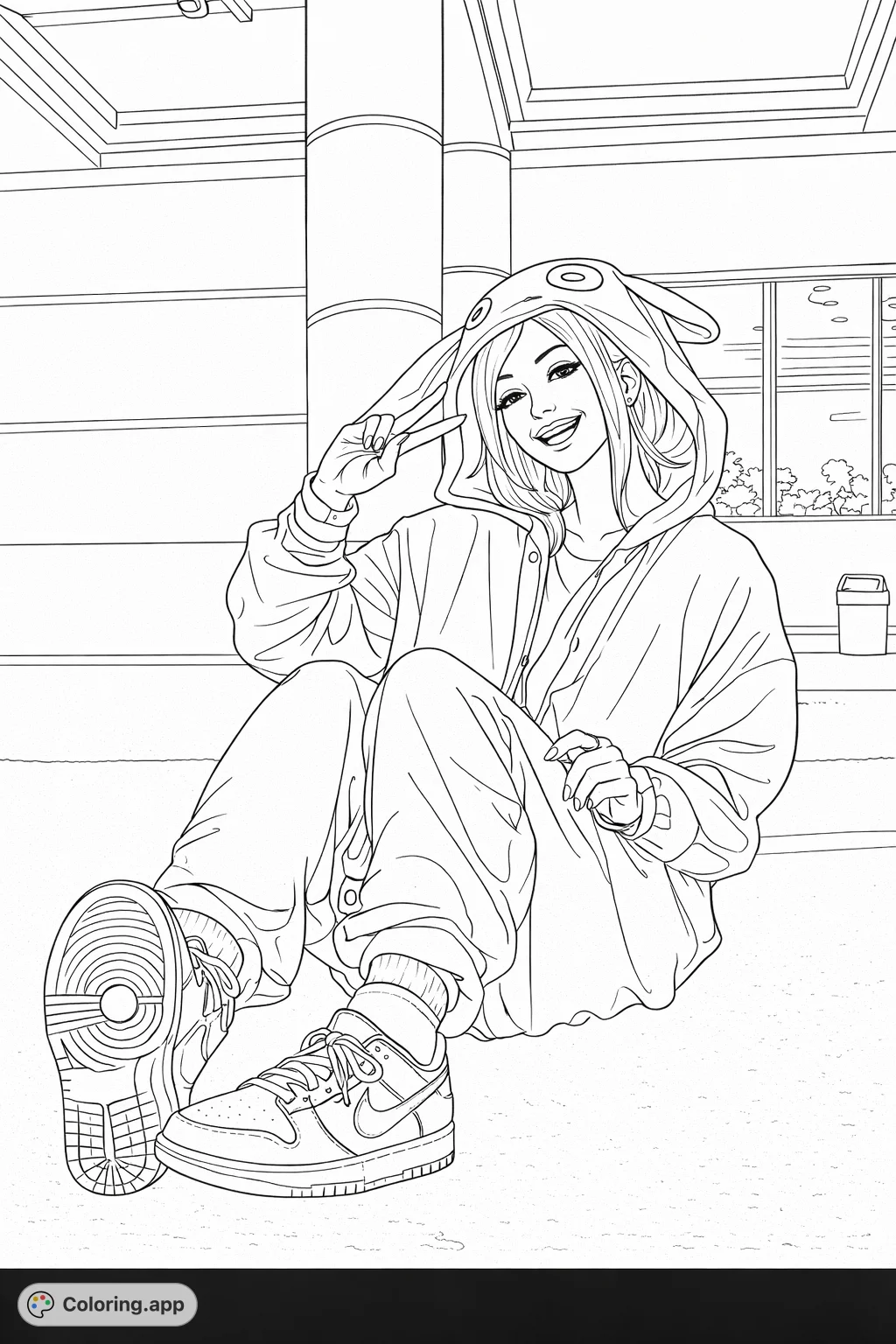 Color a stylish teen rocking a hooded outfit and sneakers, striking a peace sign in a contemporary setting. Perfect for trendy youth.