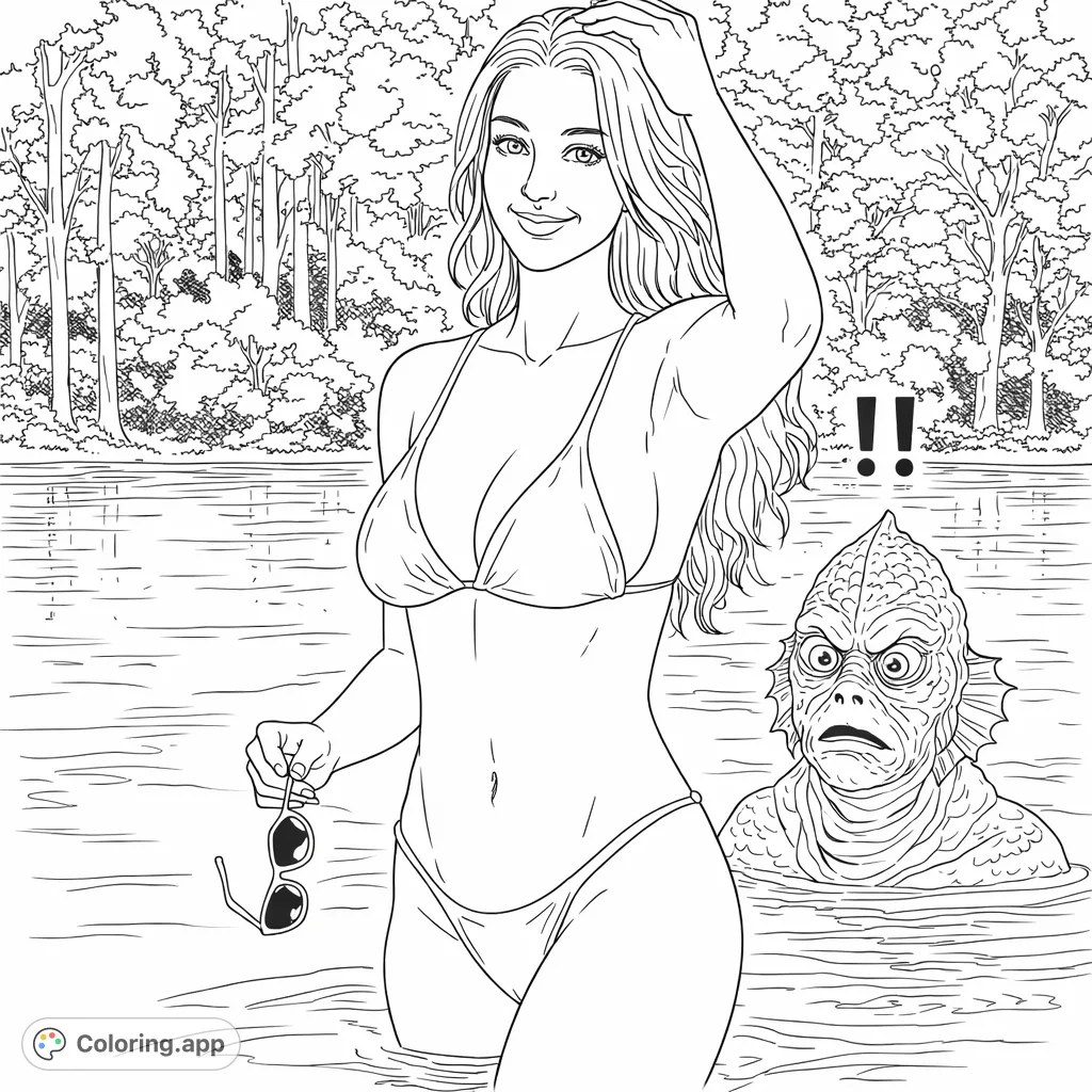 Encounter a unique scene where a smiling woman wades in water, seemingly unaware of a surprised, scaly creature emerging from the depths in a dense forest setting.