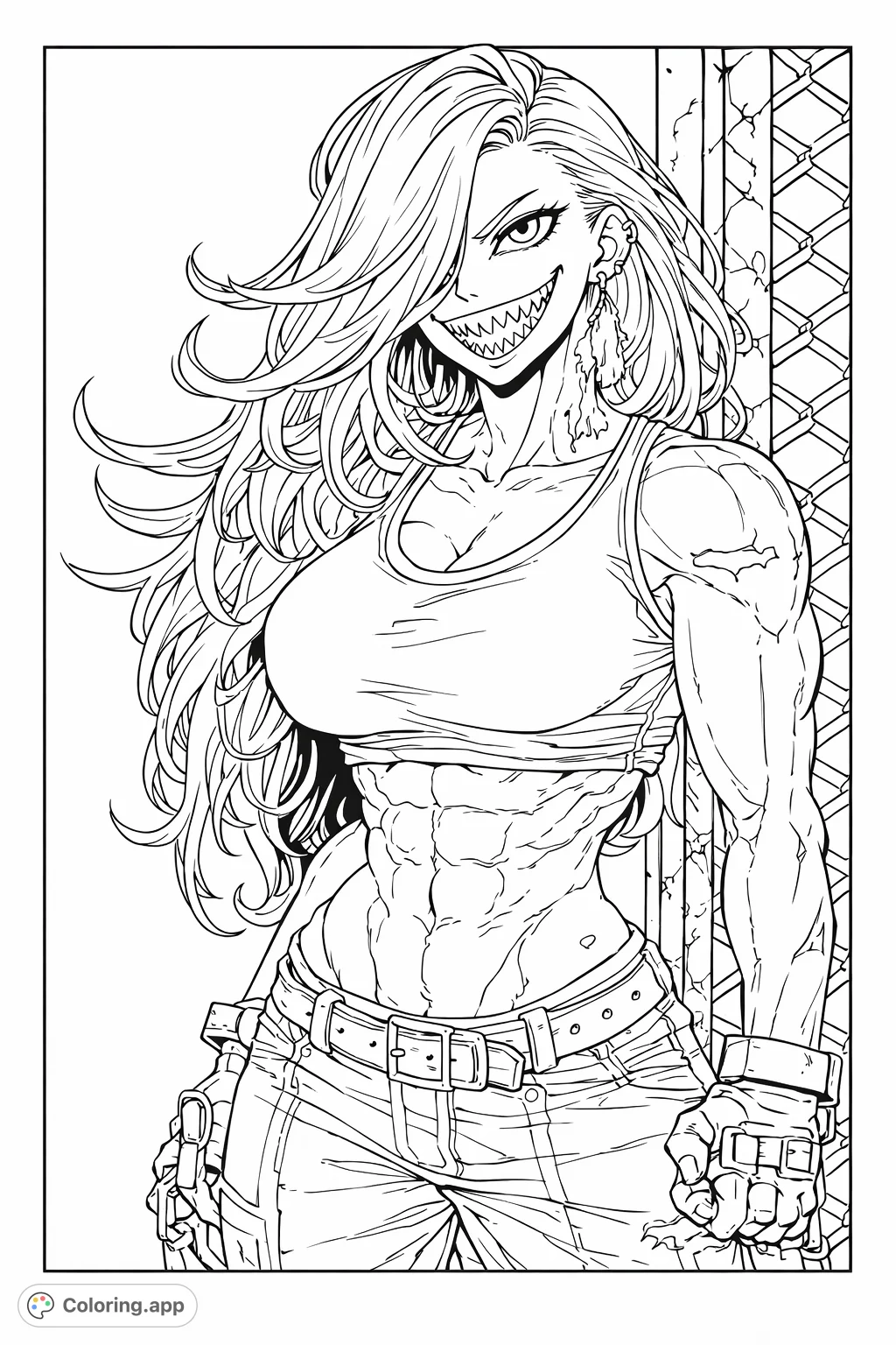 Color a powerful anime-style fighter with a fierce grin, muscular physique, and flowing hair, poised against a chain-link fence. An intense character!