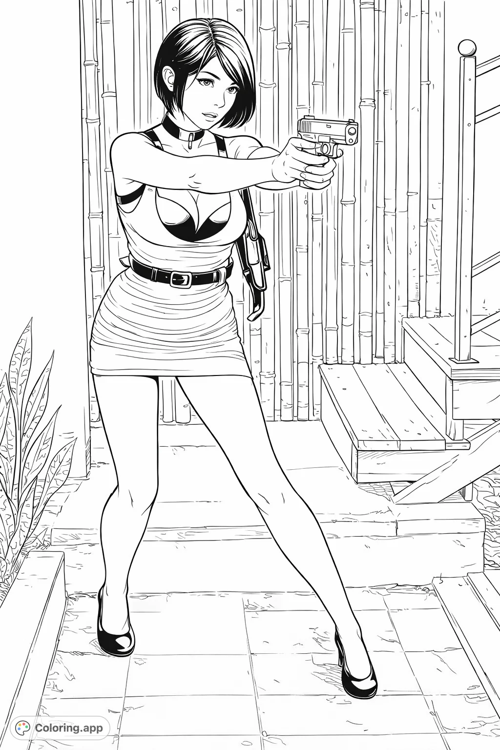 An intense agent character, holding a handgun, in a dynamic pose against a textured background. A thrilling action-themed coloring page for fans of character art.