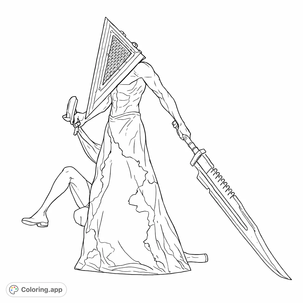 A menacing figure with a pyramid helmet and massive sword stands over a prone form. A powerful and intense horror-themed coloring page for fans of dark fantasy.