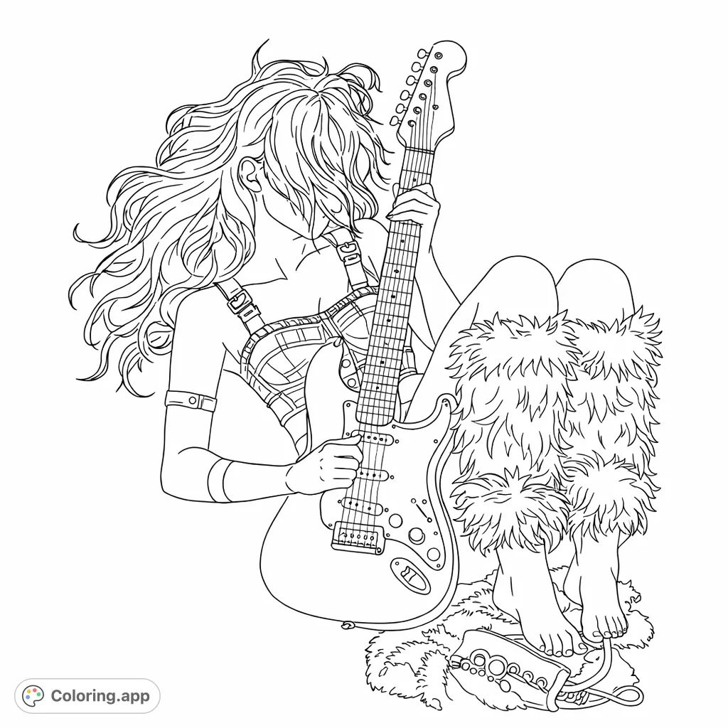 A dynamic rock star lies with an electric guitar, featuring textured clothing and furry leg warmers. Perfect for music lovers and creative expression.