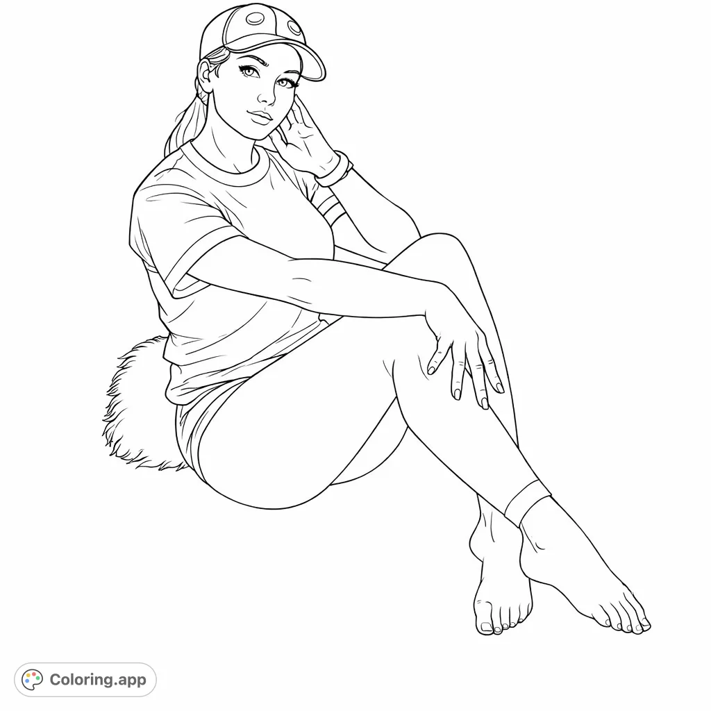 A stylish woman in a cap and casual wear, seated with a thoughtful pose. Perfect for expressive coloring, highlighting unique style and thoughtful composition.