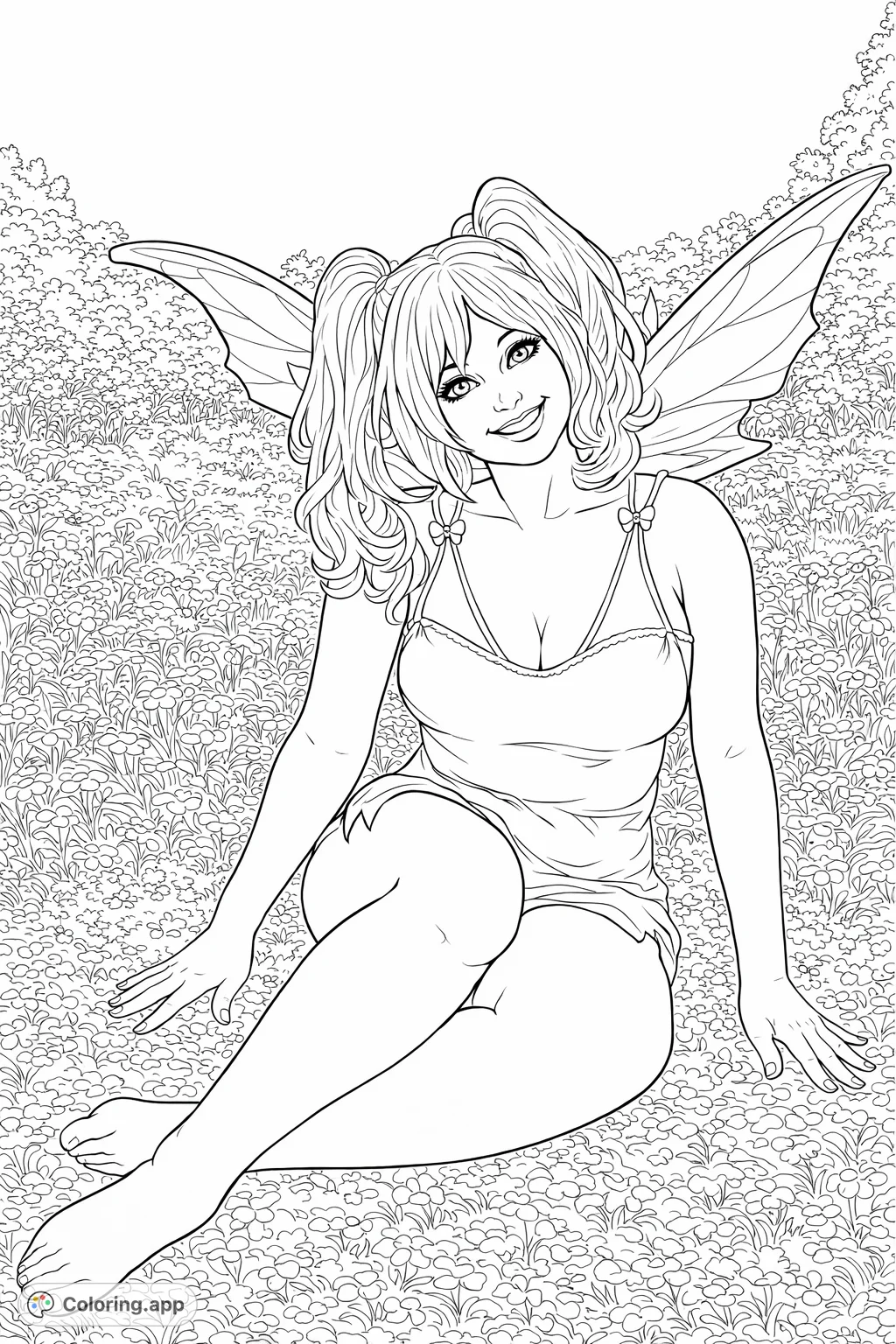 A charming fairy with delicate wings and pigtails smiles while seated in a field of flowers, inviting a touch of magical creativity.