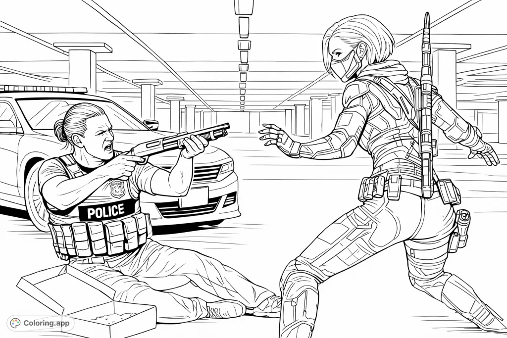 An action-packed urban combat coloring page featuring a police officer with a shotgun confronting a masked individual in a parking garage. Perfect for action fans.