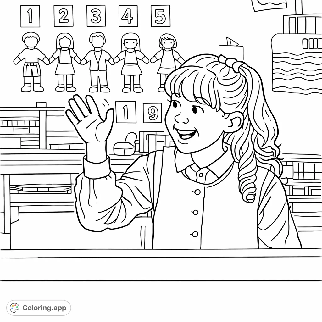 A joyful girl waves from a classroom setting, surrounded by numbers, paper cutouts, and a birthday cake illustration. A delightful scene for young colorists.