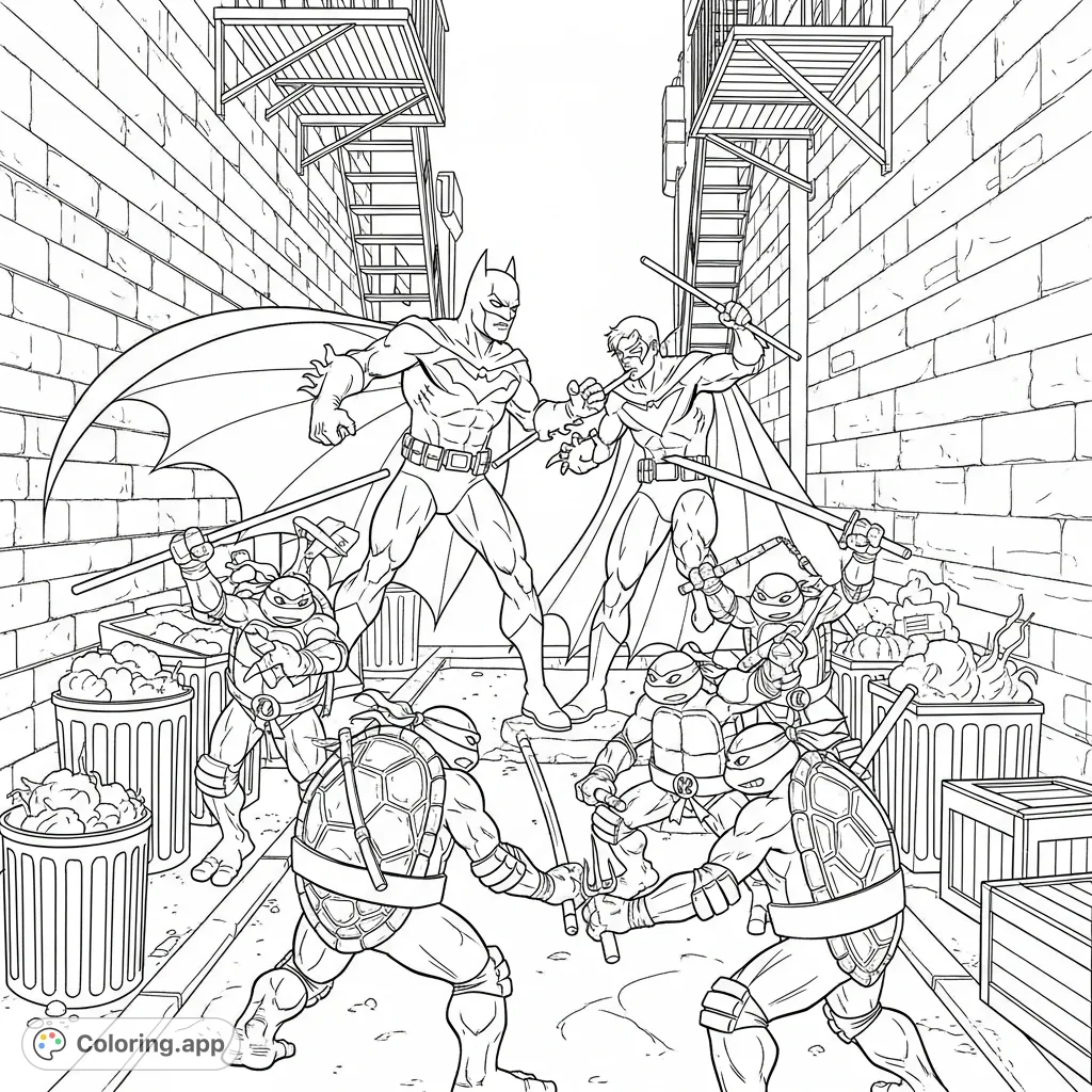 An intense superhero crossover coloring page featuring Batman, Nightwing, and the Teenage Mutant Ninja Turtles battling in a detailed urban alleyway scene.