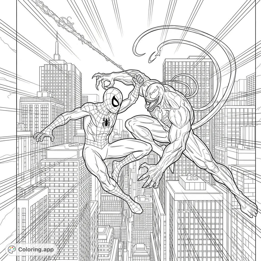 Spider-Man and Venom clash in an epic battle high above a detailed New York City skyline, filled with dynamic action and classic comic book energy.