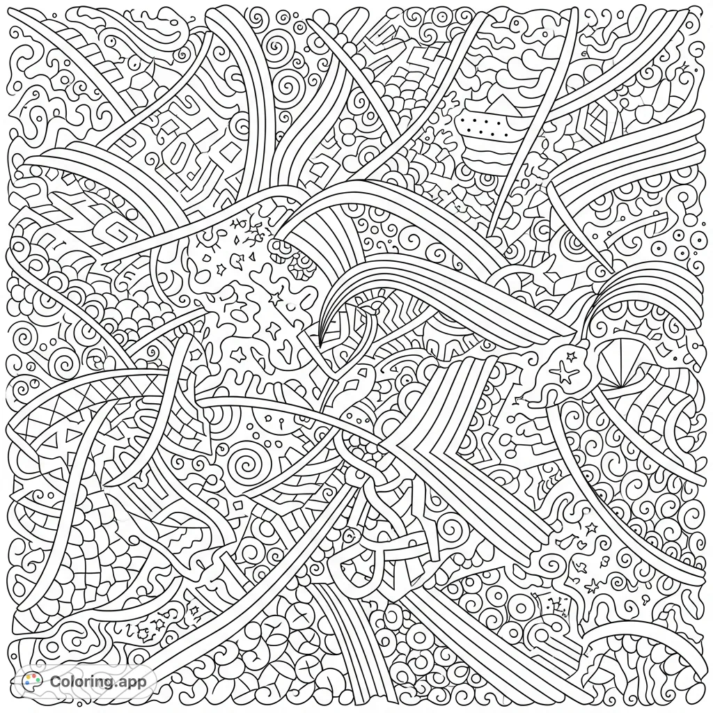 Explore a complex abstract coloring page featuring a dynamic interplay of straight, curved, jagged, and wavy lines, filled with countless intricate doodles.