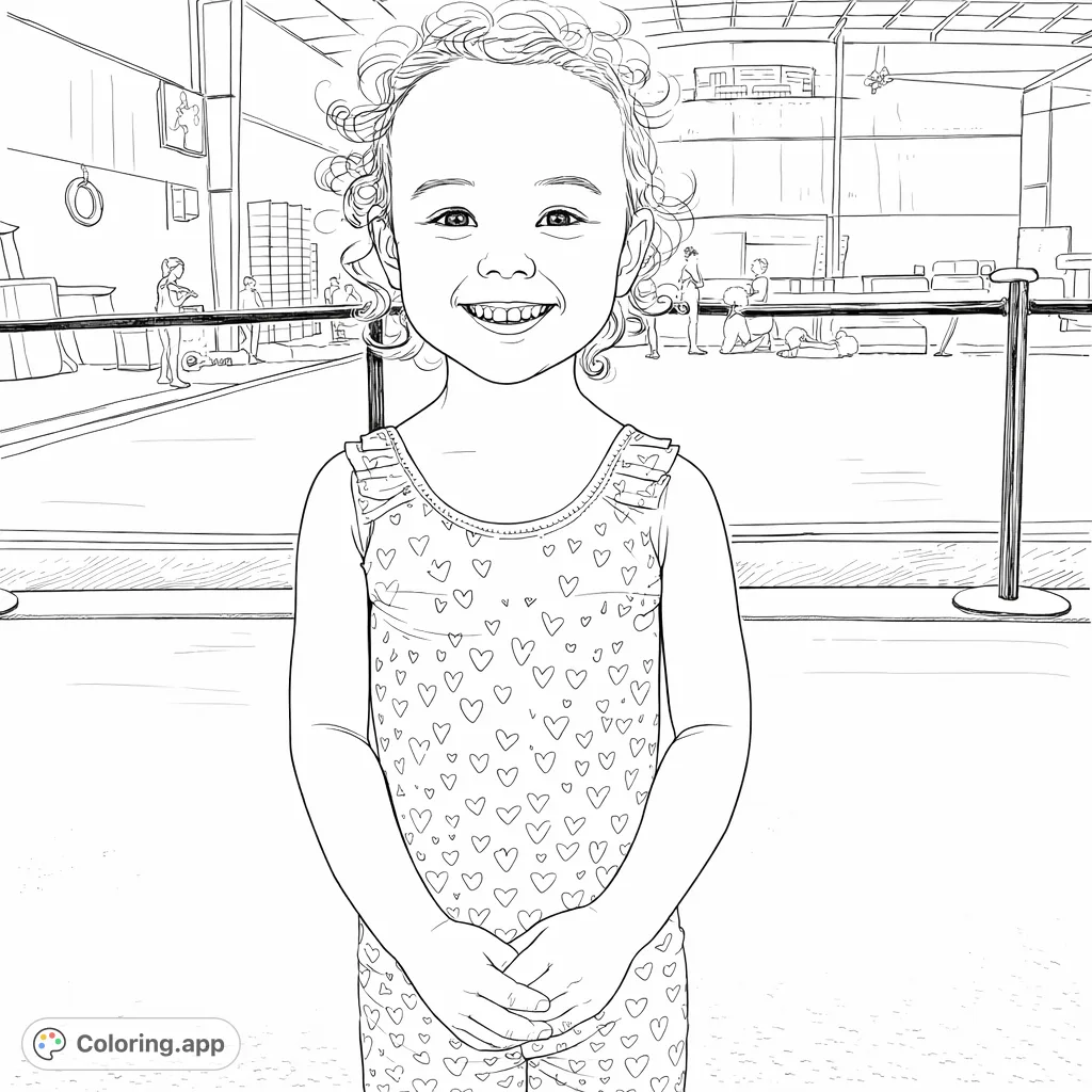 A joyful young gymnast in a heart-patterned leotard smiles brightly in a lively gym setting. Perfect for inspiring active play and creativity.