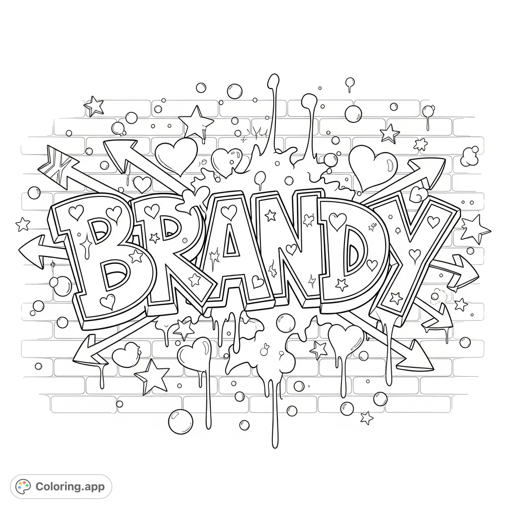 A dynamic 'Brandy' graffiti coloring page featuring bold, interlocking letters, intricate details, and playful stars & hearts against a brick background.