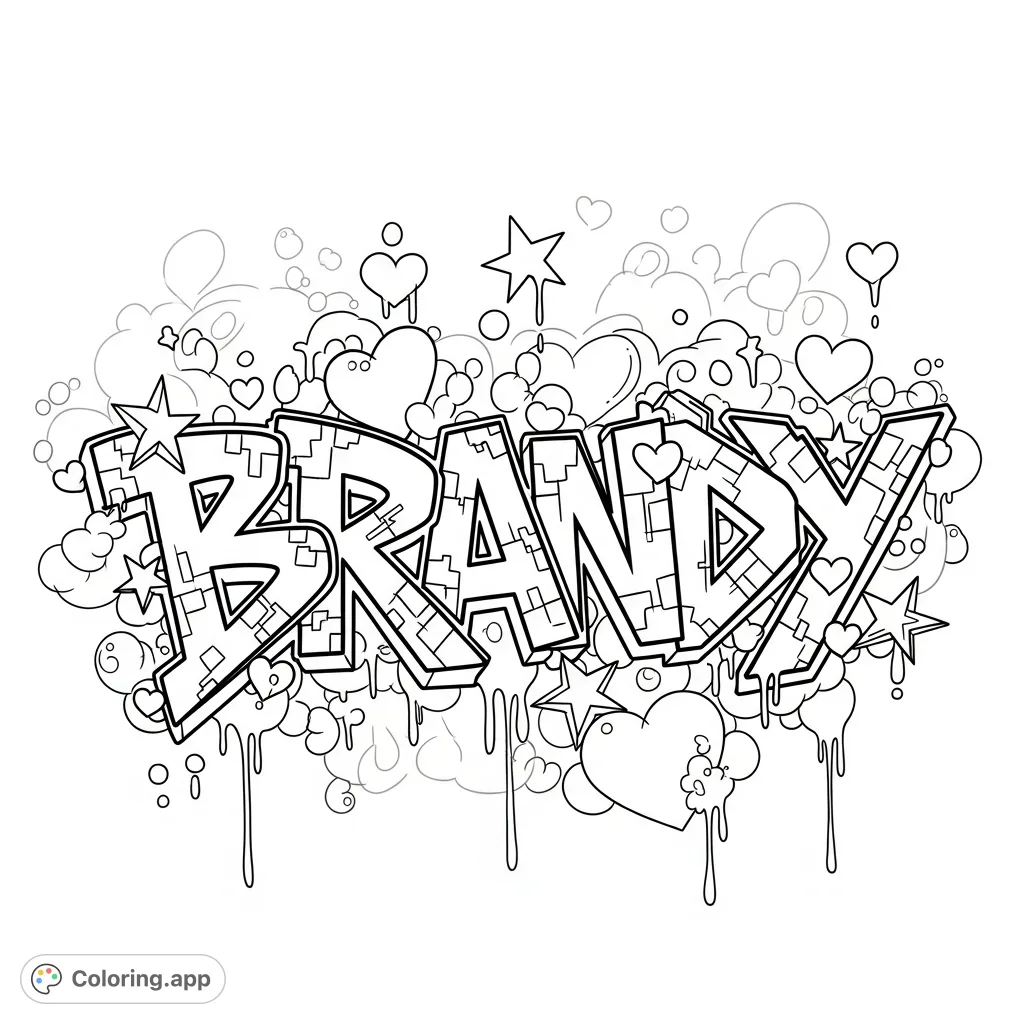 Unleash your creativity with this dynamic "Brandy" graffiti coloring page, featuring intricate letters, scattered hearts, stars, and an urban wall background.