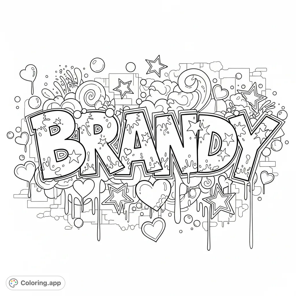Color "Brandy" in bold graffiti style! Features paint splashes, hearts, stars, drips, and swirls against a weathered urban wall. An energetic, personalized coloring page.