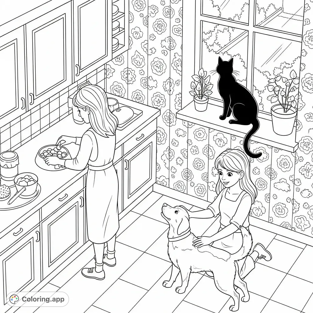 Two girls, a wagging dog, and a sleek cat create a heartwarming scene in a detailed kitchen, complete with patterned wallpaper and a checkered floor.