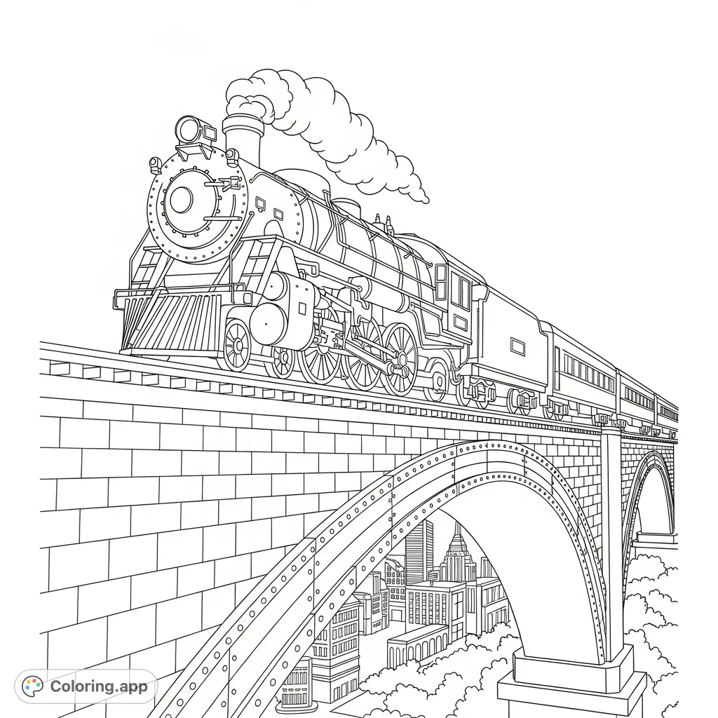 A detailed steam engine train crosses a grand city bridge, set against a bustling urban skyline. Perfect for a captivating steam engine train coloring page adventure.