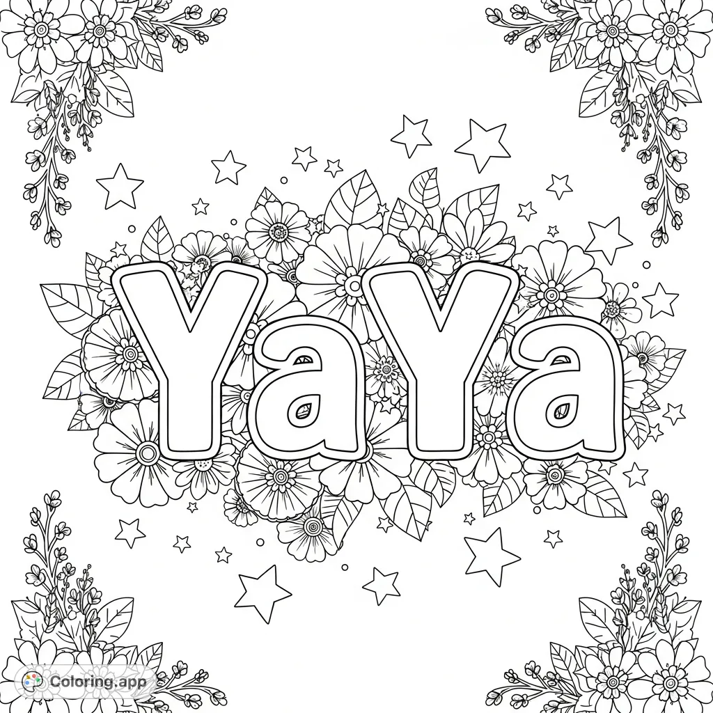 Color this delightful "YaYa" coloring page featuring whimsical block letters, blooming flowers, and scattered stars. A personalized and playful design!
