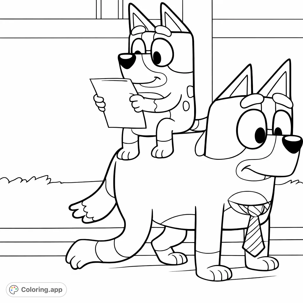 Join two playful dog-like characters in a heartwarming scene. A smaller companion rides on a larger one's back, holding a paper, perfect for imaginative coloring fun.