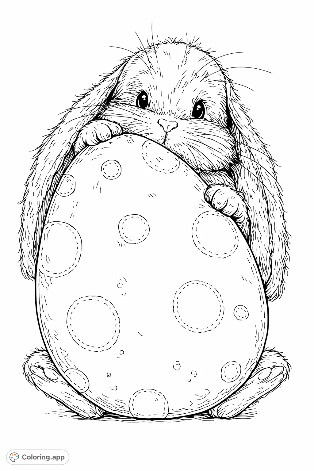 A charming, fluffy bunny playfully peeks over a large, patterned egg. This adorable scene is perfect for imaginative coloring and adds a festive touch to any day.