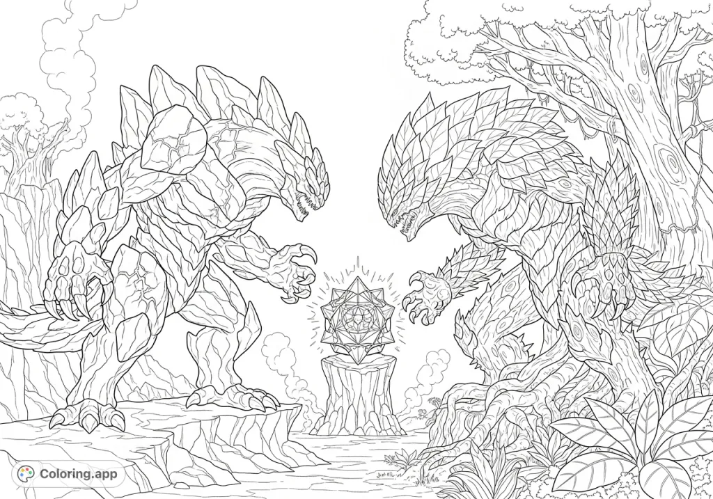 Witness an epic battle between a fiery Lava Eldrador and a verdant Jungle Eldrador over the powerful World Crystal. A challenging fantasy coloring page!