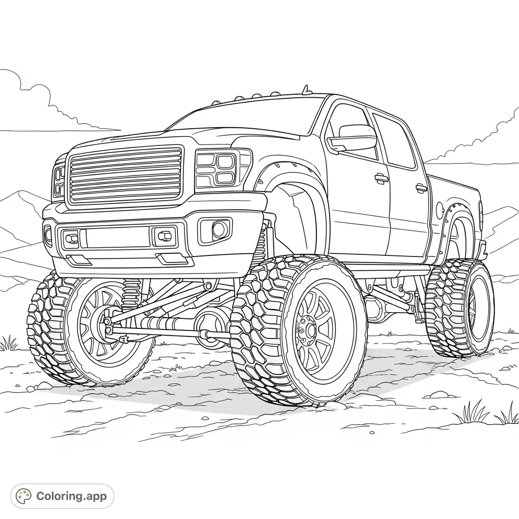 Experience the thrill of off-road power with this detailed lifted truck coloring page. Massive wide wheels and robust suspension await your creative touch!
