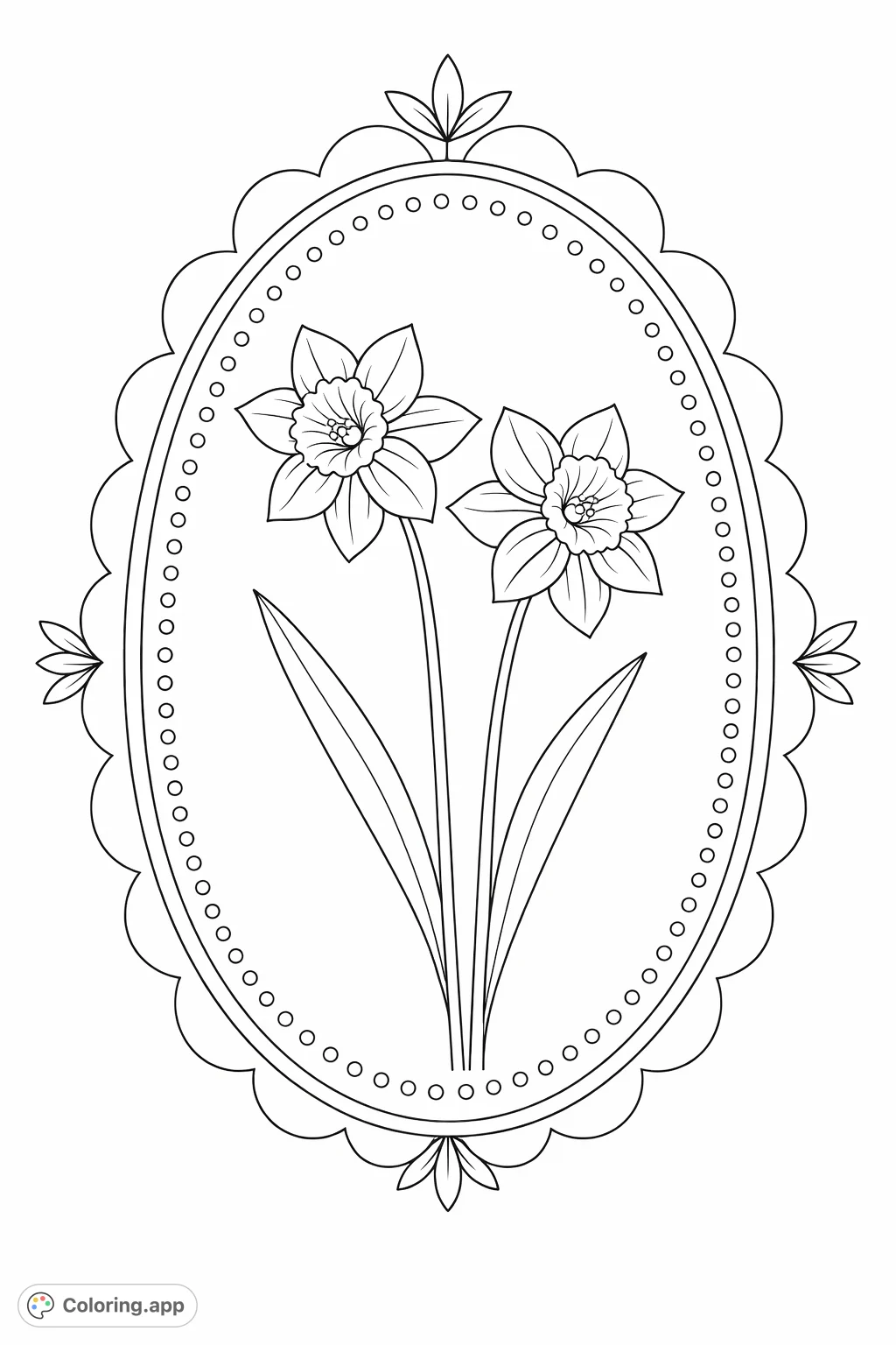 Discover a charming floral coloring page featuring two graceful daffodils nestled within an elegant, leaf-adorned oval frame. Free printable coloring page for all ages.