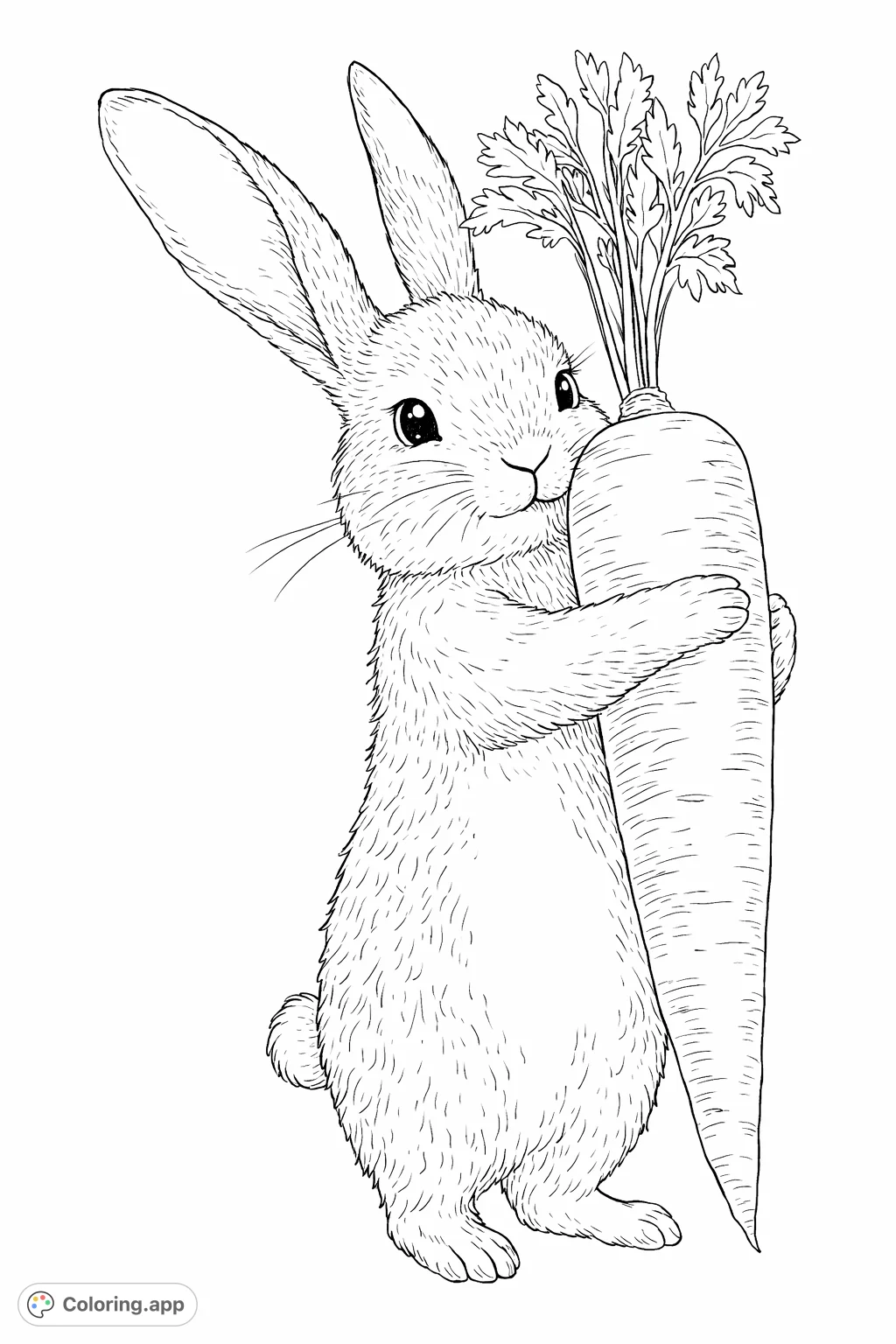 A charming, fluffy rabbit gently embraces a large, freshly picked carrot, featuring prominent ears and a soft tail. A delightful scene for nature and animal lovers.