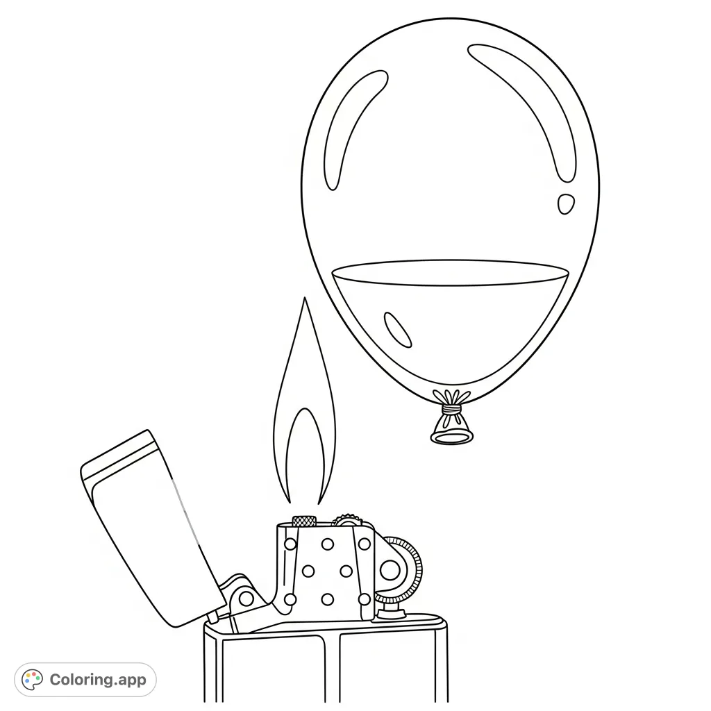 Observe the captivating interaction of a precise flame heating a water-filled balloon. A unique coloring page depicting scientific tension and delicate forms.