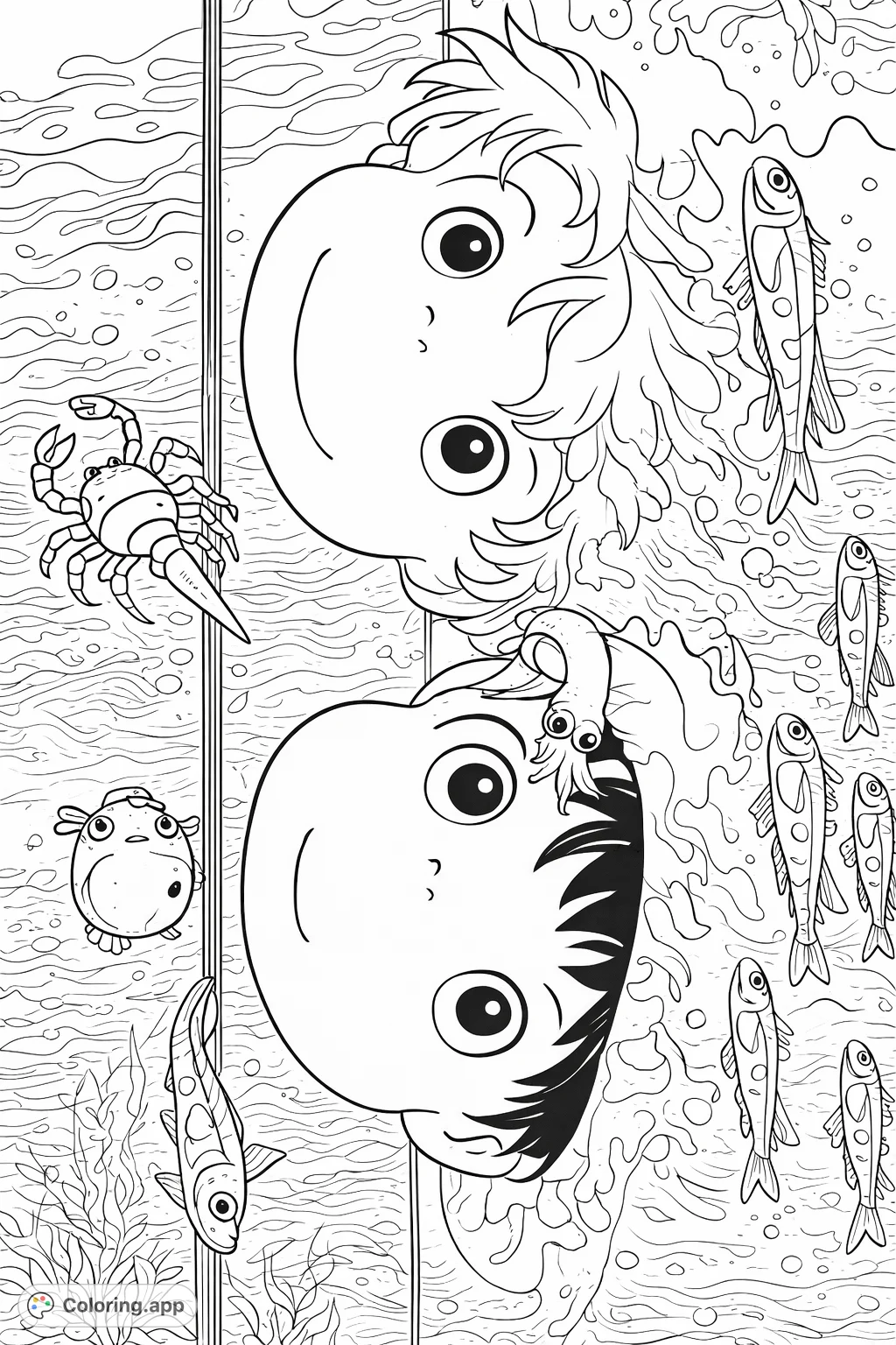 Discover a whimsical underwater scene with two anime-style characters, their reflections, and charming sea creatures. A delightful and magical coloring adventure awaits!