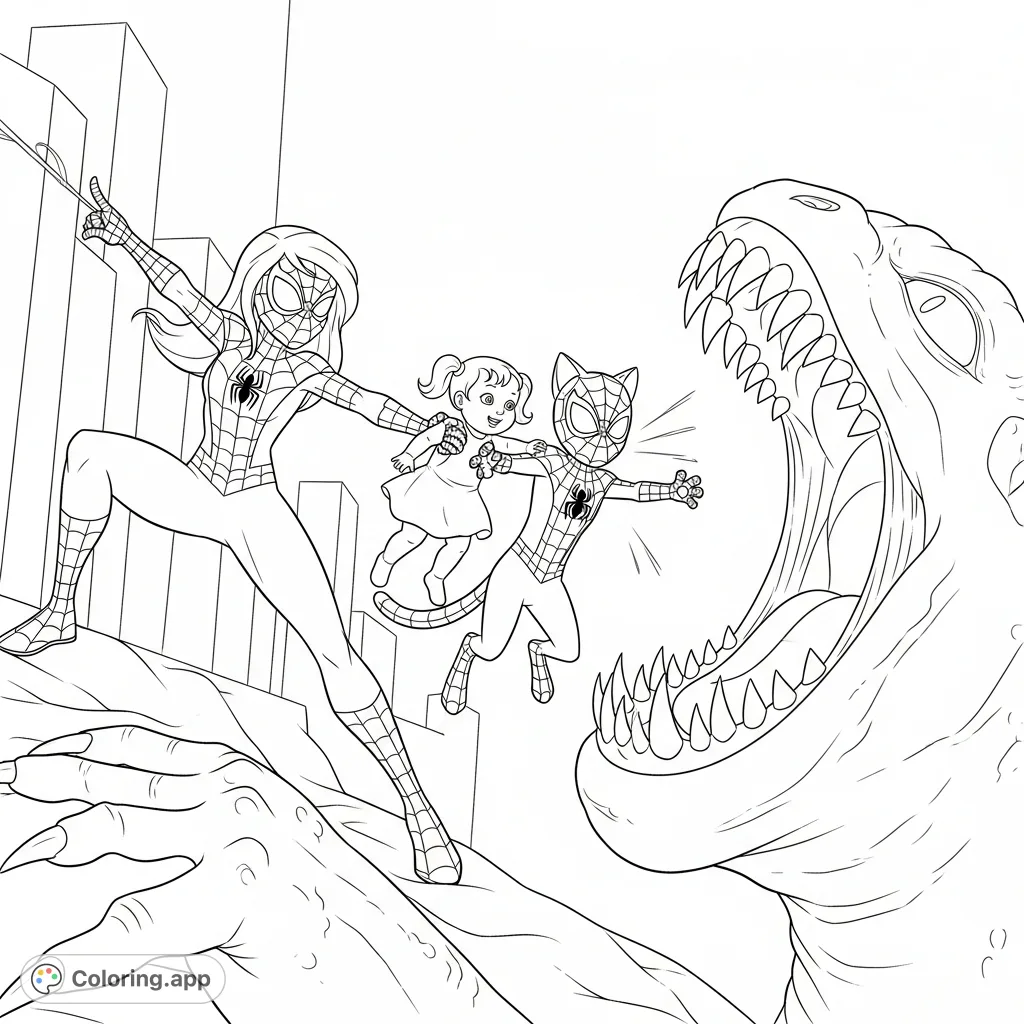 Join Spider-Man girl and Spider-Man cat in an epic rescue mission, saving a baby girl from a fearsome monster. A thrilling superhero coloring page.