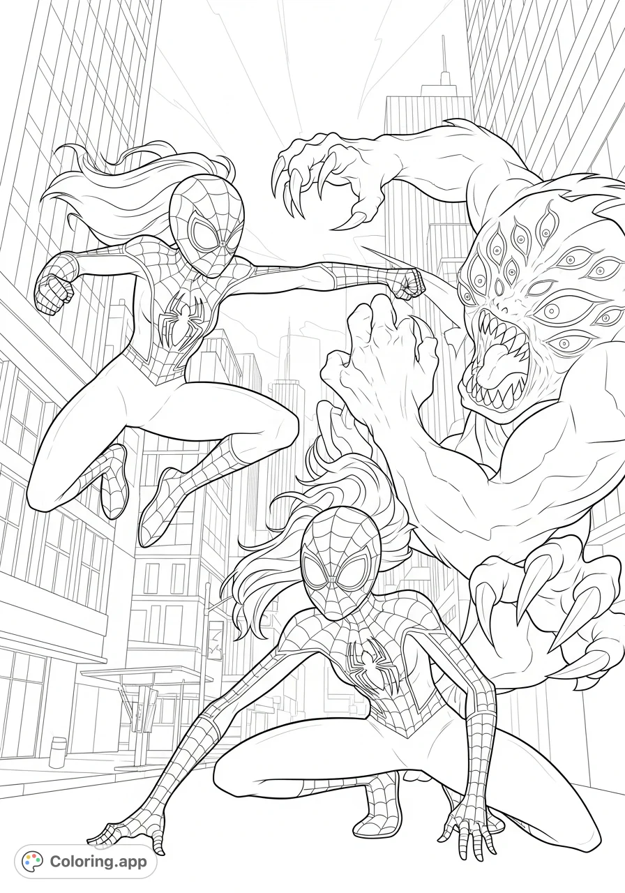 Two heroic girls in Spider-Man inspired costumes dynamically battle a monstrous creature amidst a bustling cityscape. Unleash your creativity!