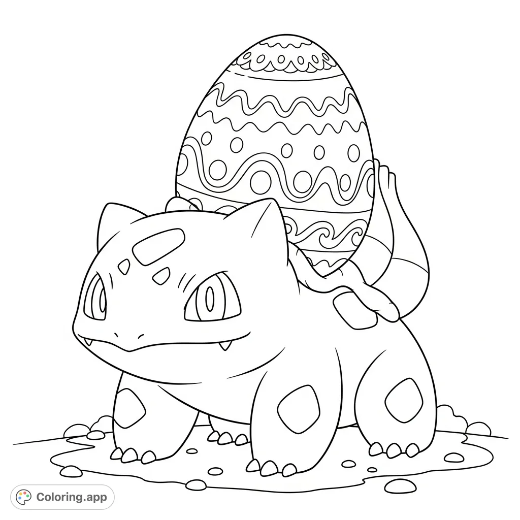 A charming Bulbasaur features a beautifully decorated Easter egg instead of its usual bulb, ready for a festive coloring adventure. A unique twist for fans!