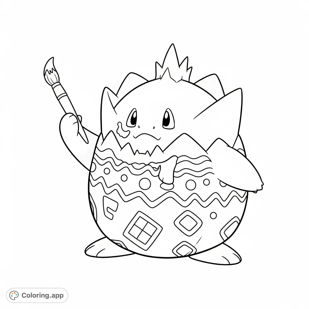 A delightful Togepi coloring page featuring the beloved Pokémon meticulously decorating its iconic shell with charming Easter egg patterns, paintbrush in hand.
