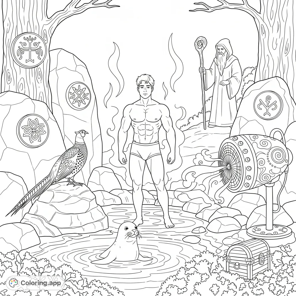 Discover a powerful, fit healthy guy in a folklore-rich hot spring scene, surrounded by a pheasant, seal, wise faculty, and a magical airdryer. Free printable coloring page.