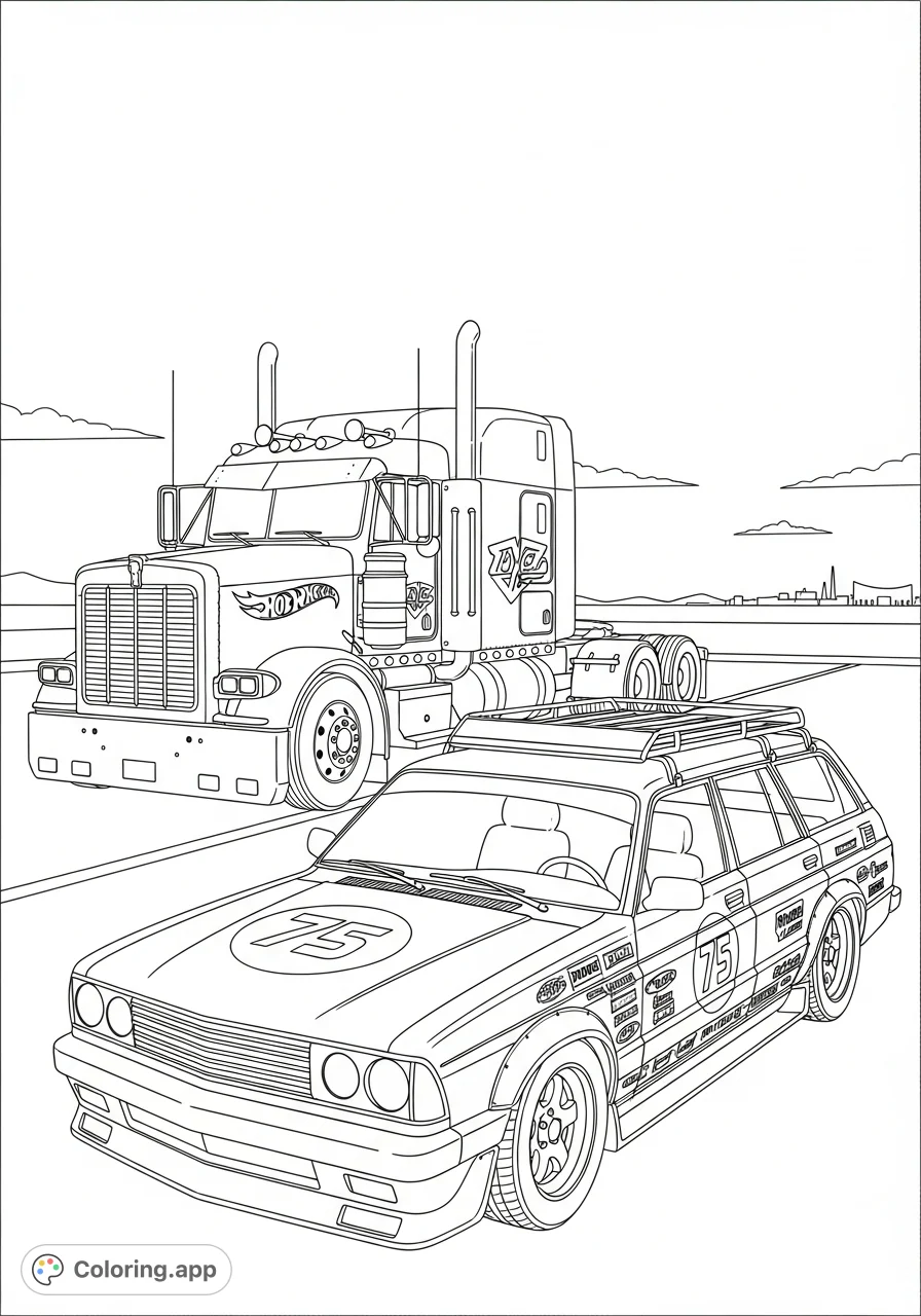 An exciting Hotwheels scene featuring a powerful semi-truck and a custom racing wagon. Perfect for vehicle enthusiasts to color with intricate details.