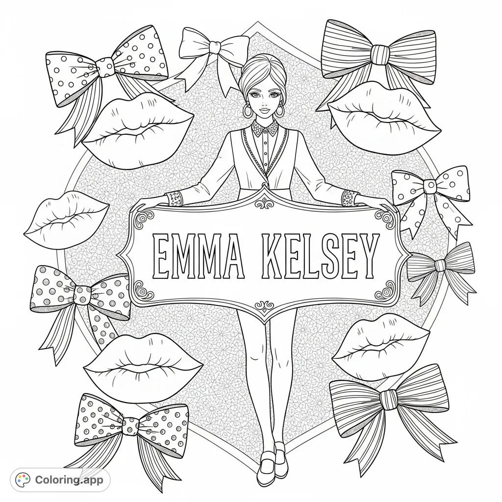 A delightful EMMA KELSEY coloring page featuring a chic girl, charming lips, and stylish preppy bows. Perfect for personalized creative fun!