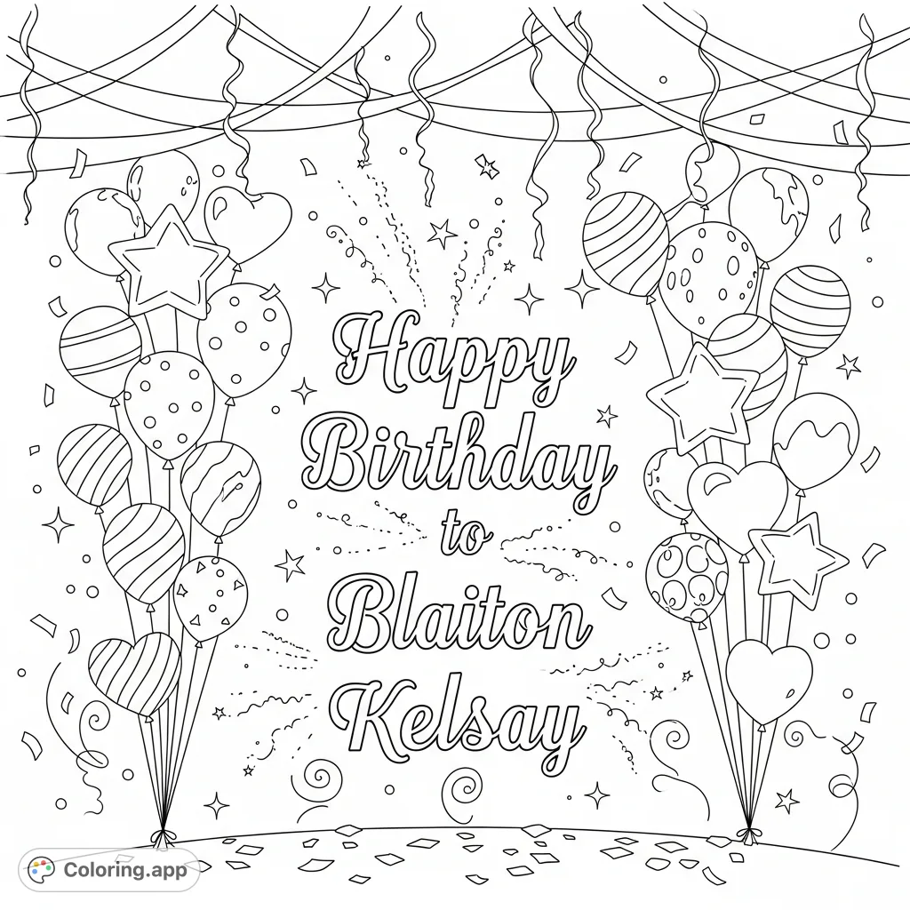 Celebrate a special day with this magical birthday coloring page, featuring festive balloons, sparkling decorations, and personalized 'Happy Birthday to Blaiton Kelsay' text.
