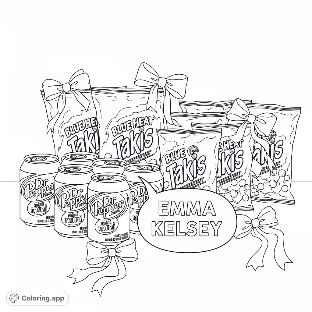 A cute and preppy coloring page featuring Dr Pepper mini cans, Blue Heat Takis bags, pink bows, and a text bubble with "EMMA KELSEY." Fun for all!