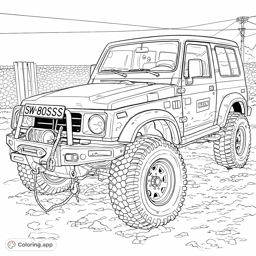 A detailed off-road vehicle coloring page, featuring a powerful 4x4 with oversized tires and a winch, set in a snowy landscape. Perfect for vehicle enthusiasts!