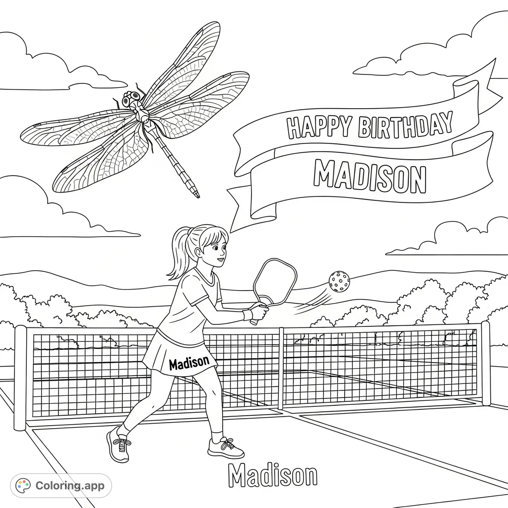 Celebrate Madison's birthday on the pickleball court! A focused Madison plays under a hovering dragonfly, with a "happy birthday" banner. A fun, sporty scene.