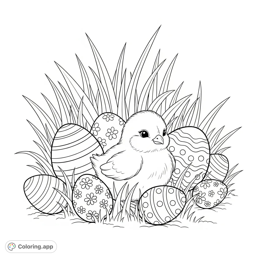 A charming Easter coloring page featuring a cute chick surrounded by patterned Easter eggs nestled within tall grass. A delightful scene for kids and adults.