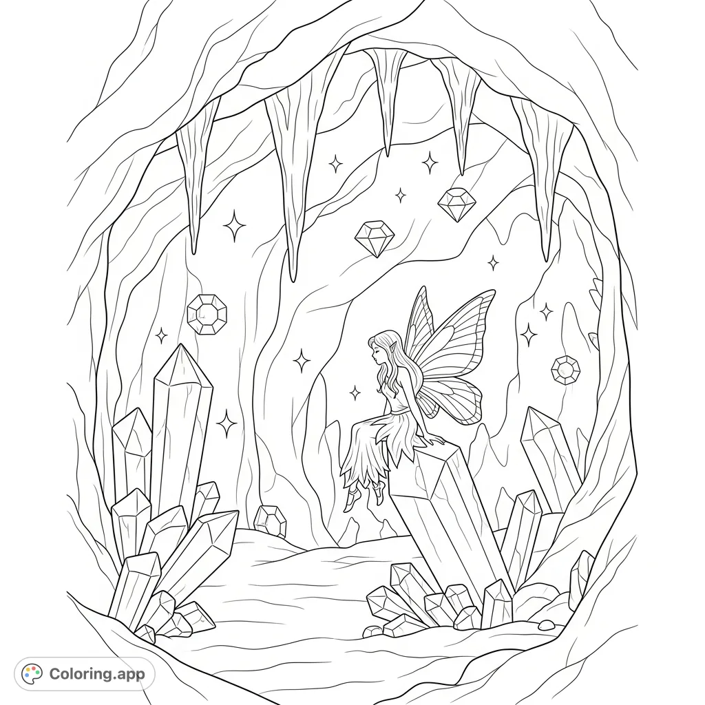 Explore a magical crystal cave where a delicate fairy and hidden sparkling gems await your creative touch. A mystical fantasy scene.